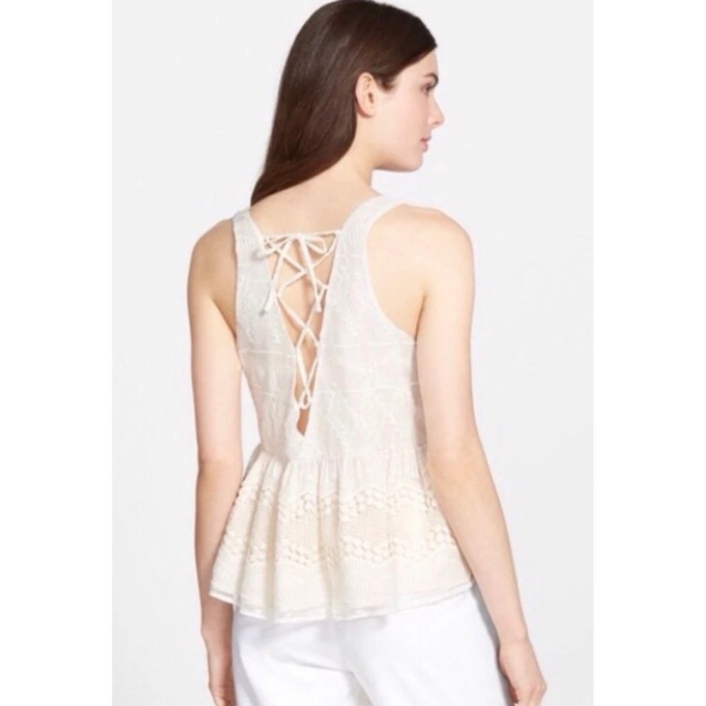 1.STATE Womens Ivory Embroidered Crochet Lace Up Peplum Tank Top Size M